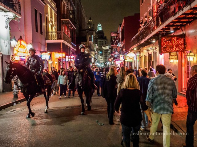 Bourbon Street Police patrol the crowd by horseback in New Orleans. 