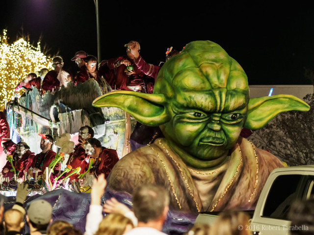 Yoda float: The Knights of Ecor Rouge parade through Fairhope Alabama for Mardi Gras 2016.