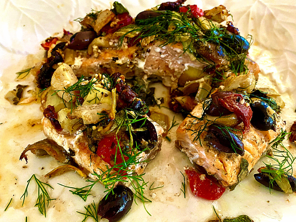 Healthy Mediterranean Salmon, olives, artichokes 

