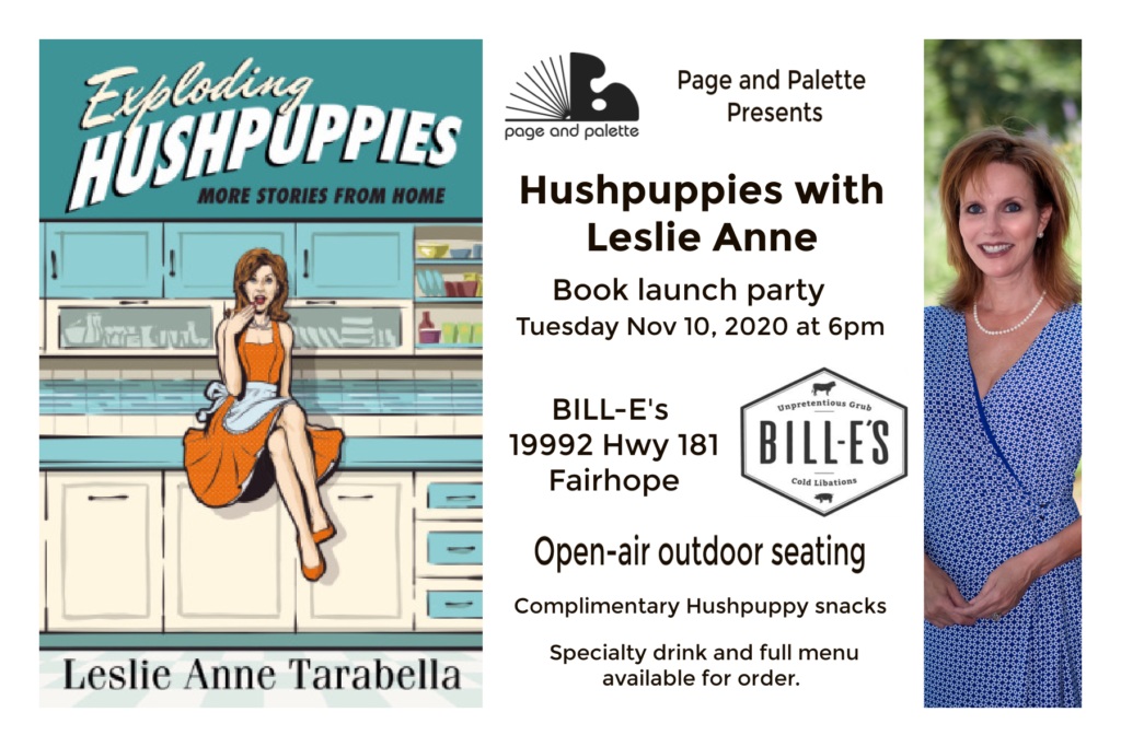 Exploding Hushpuppies book launch party invitation. Leslie Anne Tarabella, author - Fairhope, AL 2020 